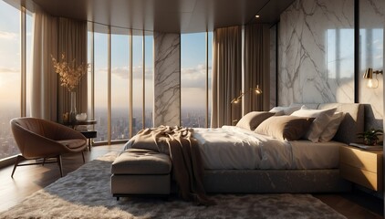 gray marble penthouse bedroom luxury unit and morning theme penthouse bedroom luxury unit and morning sunlight rays from Generative AI