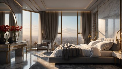 gray marble penthouse bedroom luxury unit and morning theme penthouse bedroom luxury unit and morning sunlight rays from Generative AI - obrazy, fototapety, plakaty