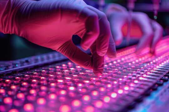 A bioengineering startup lab researching synthetic biology, with scientists examining DNA sequences on futuristic devices