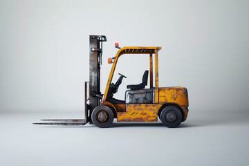 minimalist photograph featuring a forklift against a clean white background, showcasing its sleek design and industrial functionality.