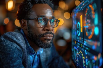 A business consultant analyzing trends with a predictive analytics tool powered by quantum computing