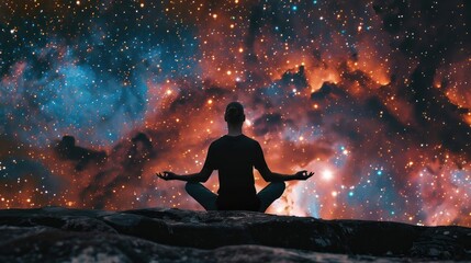 man meditate, yoga. on star galaxy background. AI generated