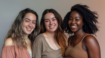 Three women with different hair colors are smiling for the camera