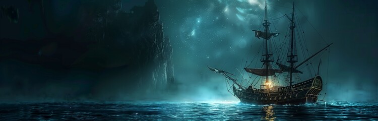 big pirate ship in dark night under a moonlight - obrazy, fototapety, plakaty