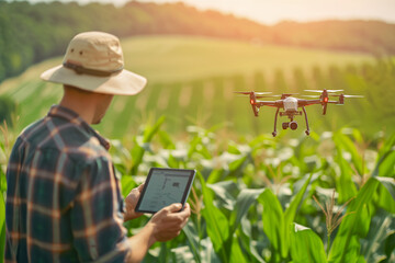 Agricultural engineer with drone monitoring corn growth.