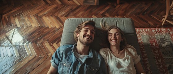 Two young people are lying on wooden flooring in an apartment. They are happy, smiling and laughing. A cozy living room with a grey sofa and wooden parquet. View from the top.