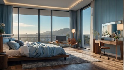 light blue wood theme penthouse bedroom luxury unit and morning sunlight rays from Generative AI - obrazy, fototapety, plakaty