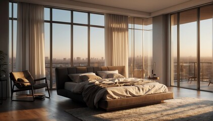 minimalist penthouse bedroom luxury unit and morning s theme penthouse bedroom luxury unit and morning sunlight rays from Generative AI - obrazy, fototapety, plakaty