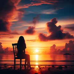 Fototapeta premium silhouette illustration of a sad girl sitting on a chair facing the beach, towards the sunset ai generative