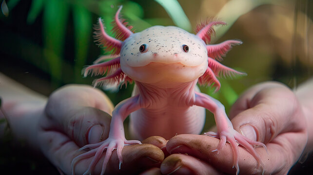 portrait of an axolotl in hands. Selective focus.