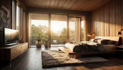modern wood theme penthouse bedroom luxury unit and morning sunlight rays from Generative AI - obrazy, fototapety, plakaty