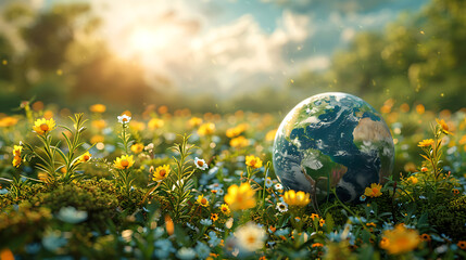 Earth globe in the grass with yellow flowers World Earth Day Environment protection ecology sunny day - obrazy, fototapety, plakaty