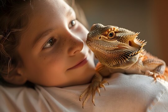 Teenage Girl and Her Bearded Dragon Lizard Companion Sharing a Moment of Trust and Understanding