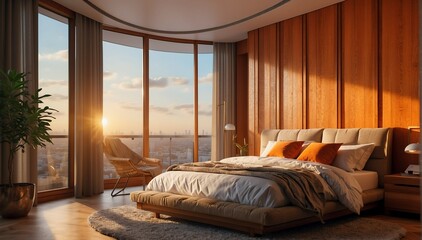 orange wood theme penthouse bedroom luxury unit and morning sunlight rays from Generative AI - obrazy, fototapety, plakaty