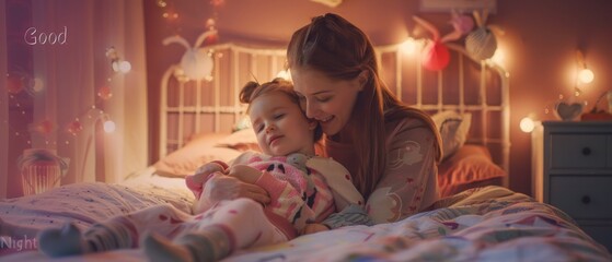 The cute little daughter of a young loving mother is tucked into bed and her mom is saying goodnight to her. - obrazy, fototapety, plakaty
