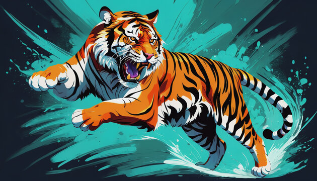 Furious tiger, growling and aggressively running, wildlife, action shot. tiger day. A tiger in the wild