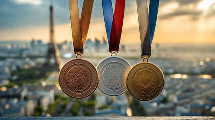 3 gold, silver and bronze olympic medals with red blue ribbons hanging from the bottom of each medal on a white background, Paris city in blurred view behind them