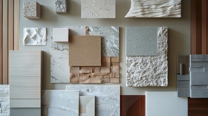 Closeup of a carefully curated materials board featuring samples of warm inviting materials like wood and natural stone chosen specifically to convey a sense of comfort and safety . - obrazy, fototapety, plakaty