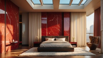 red marble penthouse bedroom luxury unit and morning s theme penthouse bedroom luxury unit and morning sunlight rays from Generative AI - obrazy, fototapety, plakaty
