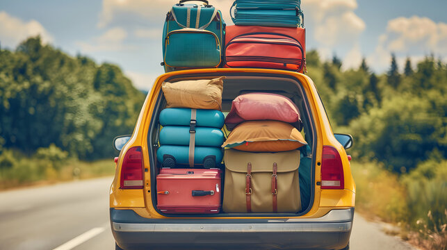 Car full of suitcases and bags to go on summer vacation