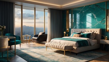 teal marble penthouse bedroom luxury unit and morning theme penthouse bedroom luxury unit and morning sunlight rays from Generative AI