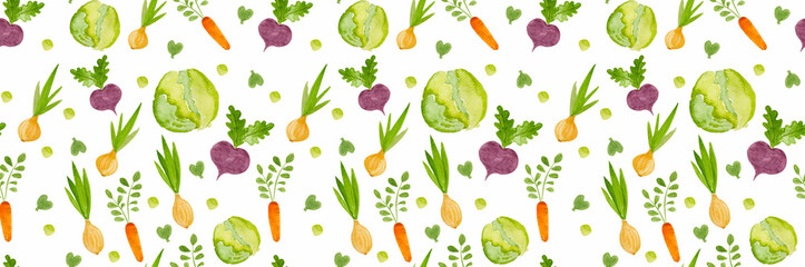 Farm fresh vegetables seamless pattern. Watercolor illustration. Great for menu, poster, print, textiles, packaging, fabric