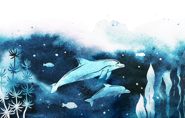 Vector dolphins, fish and seaweed under the sea. Watercolor illustration with underwater nature, marine wildlife and place for text. Design for flyer, list, ad, banner, invitation