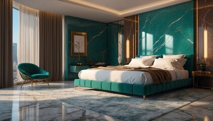 teal marble penthouse bedroom luxury unit and morning theme penthouse bedroom luxury unit and morning sunlight rays from Generative AI - obrazy, fototapety, plakaty