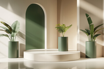 Modern minimalist arch with vibrant green potted plant. A simple elegant smooth interior shapes with soft shadows in a room bathed in natural light, highlighting the minimalistic design.