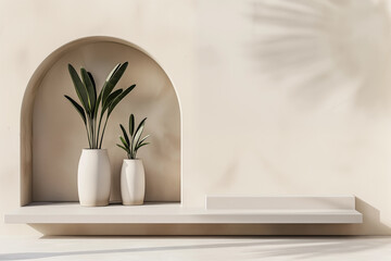 Modern minimalist arch with vibrant green potted plant. A simple elegant smooth interior shapes with soft shadows in a room bathed in natural light, highlighting the minimalistic design.