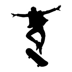 black illustration silhouette of a person playing skateboarding