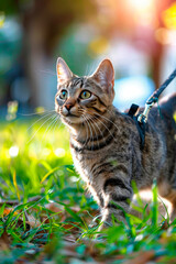 Fototapeta premium the cat walks on a leash in the park. Selective focus.