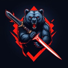 Standing Bear Mascot Logo with a Roaring Pose and Red Eyes, Showing Dominance and Fierceness Suitable for Esports