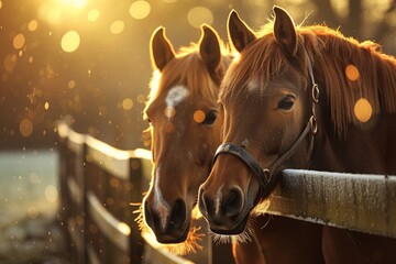 A captivating image showcasing two horses up close with the golden light of the setting sun illuminating their features, highlighting the tranquil and serene moment