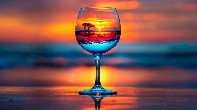A beautiful sunset in a wine glass with the colors of the sky and the sea.