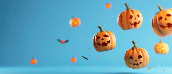 Fototapeta premium Halloween pumpkins floating on blue background. 3D rendering