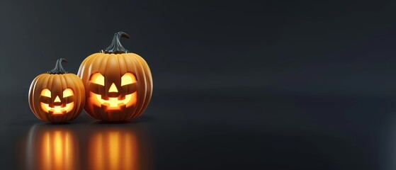 Halloween pumpkins with jack-o-lanterns on black background. 3D rendering.