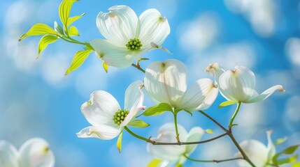 Fototapeta premium Flowering Dogwood: Close-up of White Blossom on Branch Against Blue Sky