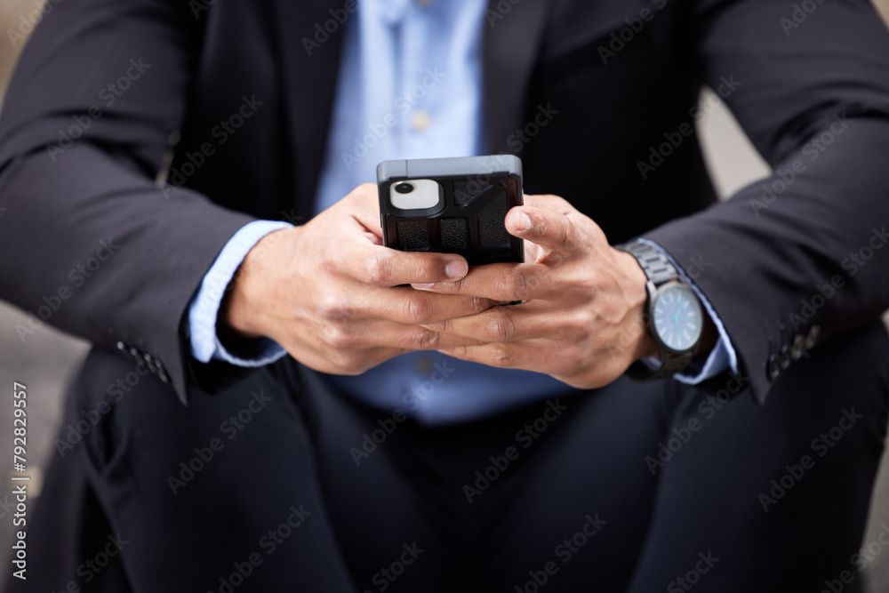 Poster hands, typing and businessman contact with phone, chat to client and scroll news of stocks. professi