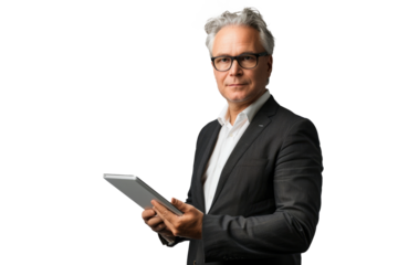 visionary technical director standing with a tablet and wearing elegant business clothes on a white background.