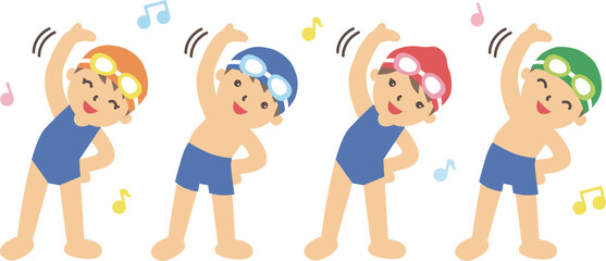 水泳をする前に、スクール水着姿で準備体操をする子どもたち