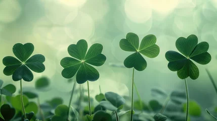 Foto op Plexiglas Three Leaf Clover Silhouette on Green Background, Four Leaf Clovers and St Patrick's Day Theme © Web