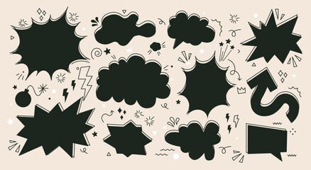 Set of empty speech bubbles, arrows, sparkle element. Explosion. Doodles. Vector illustration. Banner, poster, sticker concept. Black and white