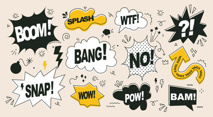 A pack of speech bubbles, comic bomb boom vector elements. Comic text sound effects set. Explosion bomb effect, splash, exclamation. Doodle text Boom, Pow, Bang, WTF, Wow. Vector illustration. Pop art