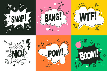 Expression funny style text Bang, Boom, Pow. Explosion design. Speech bubbles set. Comic text sound effect. Banner, poster, sticker. Vector bright cartoon messages. Abstract background pop art style