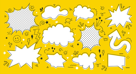 Retro empty comic bubbles and elements set on yellow background. Doodles. Vector illustration, vintage design, pop art style