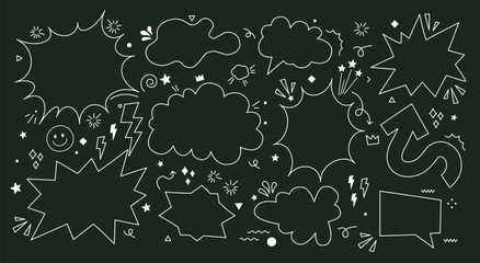 Hand drawn speech bubble, arrow shape set. Empty comic bubbles and elements on dark background. Doodles. Sparkle element. Vector illustration, vintage design, pop art style