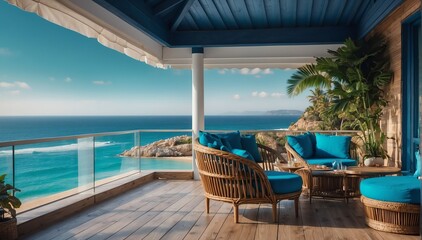 Fototapeta na wymiar blue theme private luxury balcony with view of the beach from Generative AI