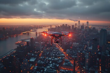 Automated drones delivering goods across a bustling, efficient smart city