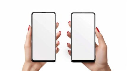 Obraz na płótnie Canvas Isolated on white background, a woman holds a black smartphone with a blank screen and modern frameless design.